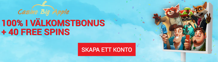 Casino Big Apple välkomstbonus - 100% upp till 2 000 kr och 40 free spins