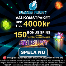 Planet Fruity casino välkomstpaket - 100% upp till 4 000 kr samt 150 free spins på Starburst