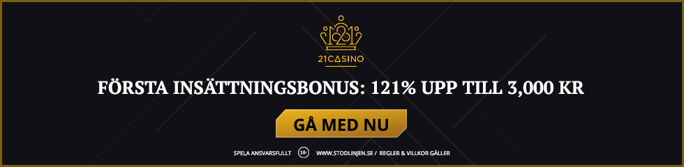 Gratis casino pengar utan krav på insättning? 21 Casino ger 121% bonus upp till 3000 kr på första insättningen!